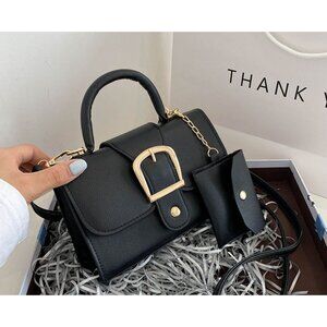 Black Mini Handbag With Gold Buckle & Detachable Pouch Top Handle & Crossbody St